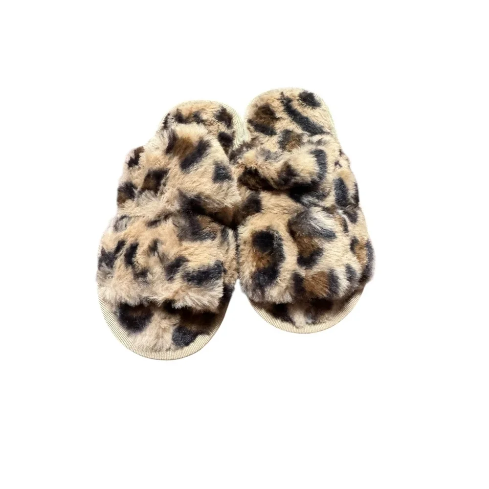 Fuzzy Leopard Slippers - Cozy Open Toe Slides‎ - Kids Size 26-27